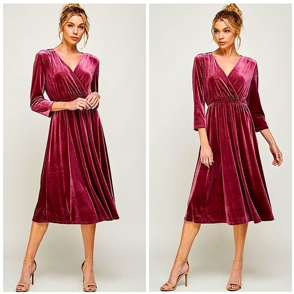 Rose Velvet 3/4 Sleeve V Neck Semi Formal Midi Dress - Picture 2 of 3